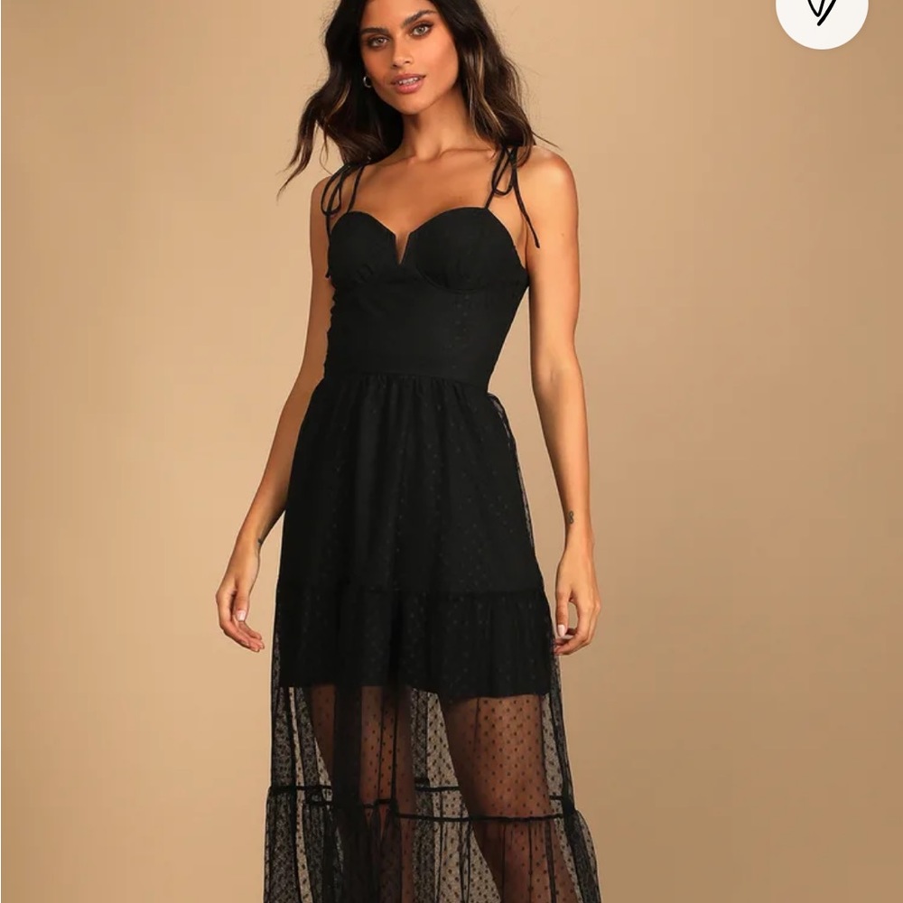 Lulus Spot Black Polka Dot Mesh Tiered Midi Dress